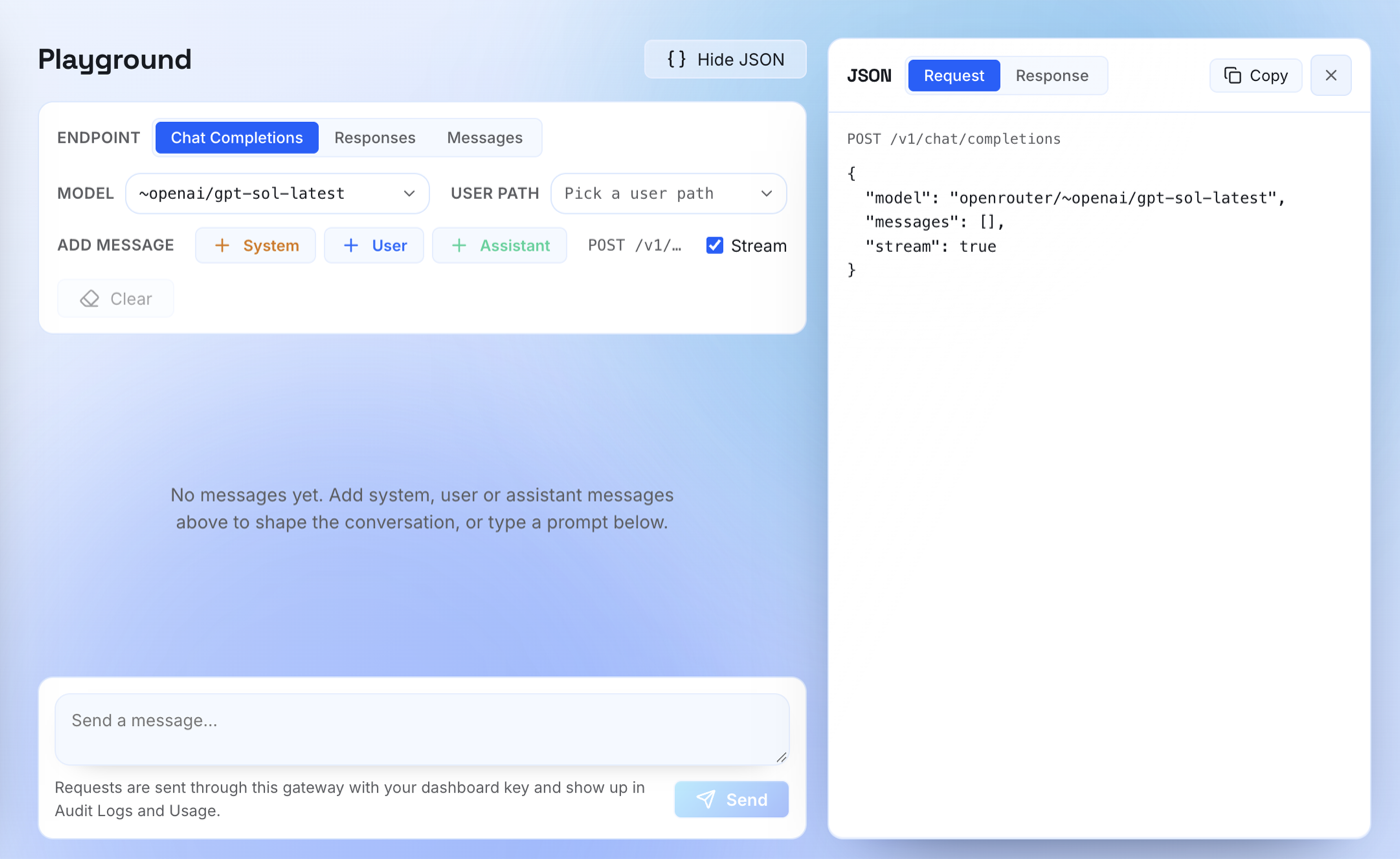 The playground with endpoint tabs, a model picker, message controls, and a side panel showing the request JSON.